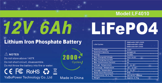 স্মার্ট BMS 12v 6ah Lifepo4 ব্যাটারি প্যাক ডিপ সাইকেল 2000 সাইকেল